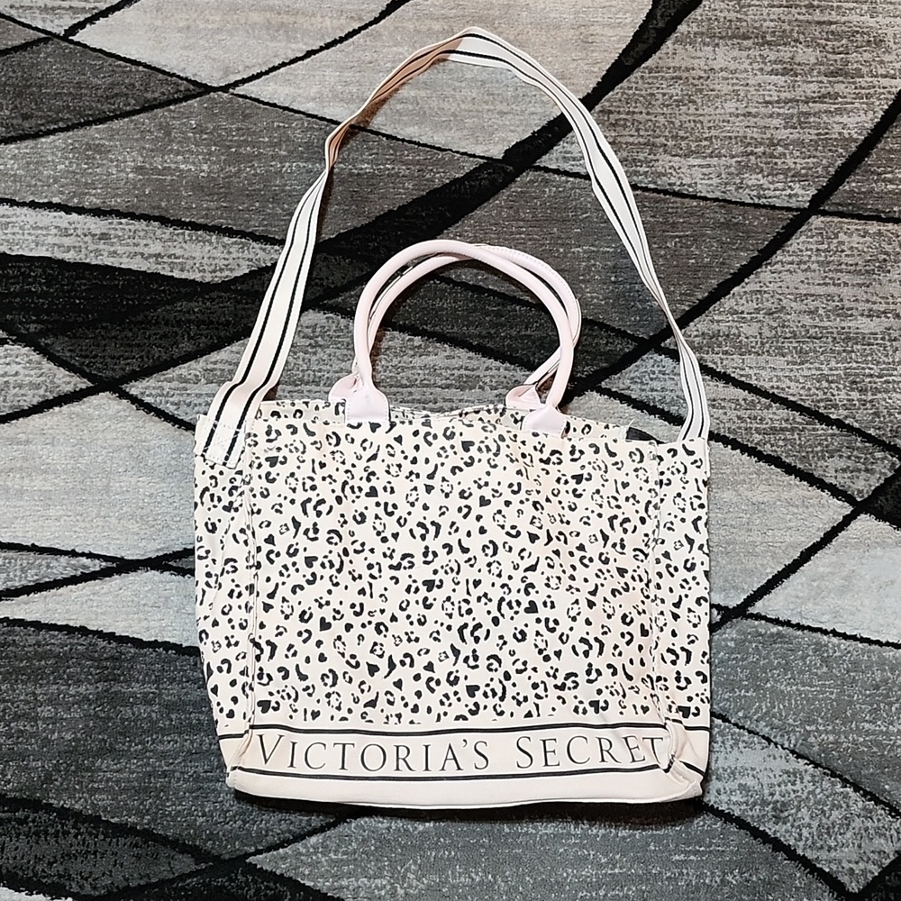 VICTORIA SECRET 2021 LIGHT PINK LEOPARD PRINT CANVAS CARRY-ALL TOTE BAG